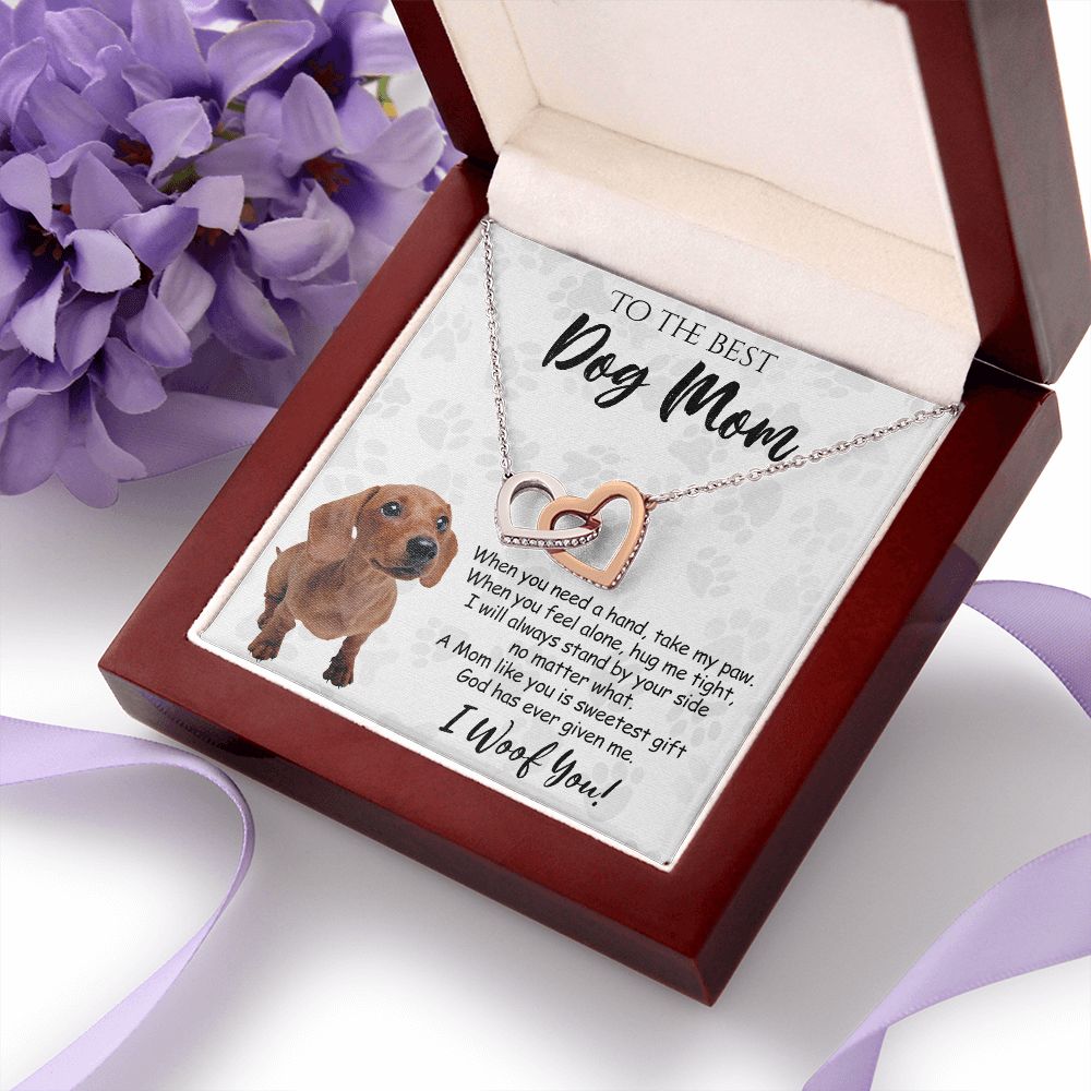 To The Best Dachshund Dog Mom Knot Necklace Mother's Day Gift , I Woof You Quote Gift Card, Message Card Jewelry For Dog Lovers, Necklace For Mom Interlocking Hearts Necklace