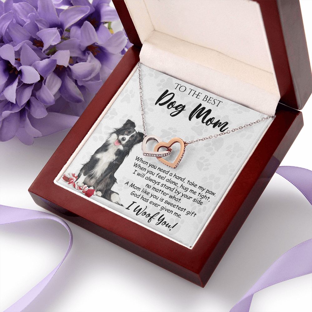 To The Best Border Collie Dog Mom Knot Necklace Mother's Day Gift , I Woof You Quote Gift Card, Message Card Jewelry For Dog Lovers, Necklace For Mom Interlocking Hearts Necklace