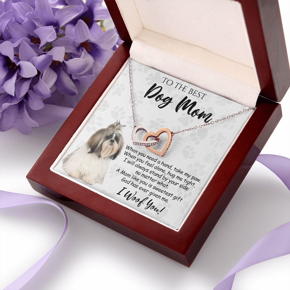 To The Best Shih Tzu Dog Mom Knot Necklace Mother's Day Gift , I Woof You Quote Gift Card, Message Card Jewelry For Dog Lovers, Necklace For Mom Interlocking Hearts Necklace