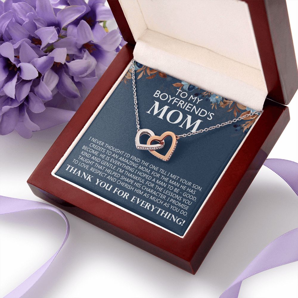 To My Boyfriend's Mom Gift Boyfriends Mom Necklace Future Mother in Law Jewelry Christmas Mothers Day Gift with Message Card Box For My Boyfriend Mother Mom Mother's Day Necklace Interlocking Hearts Necklace