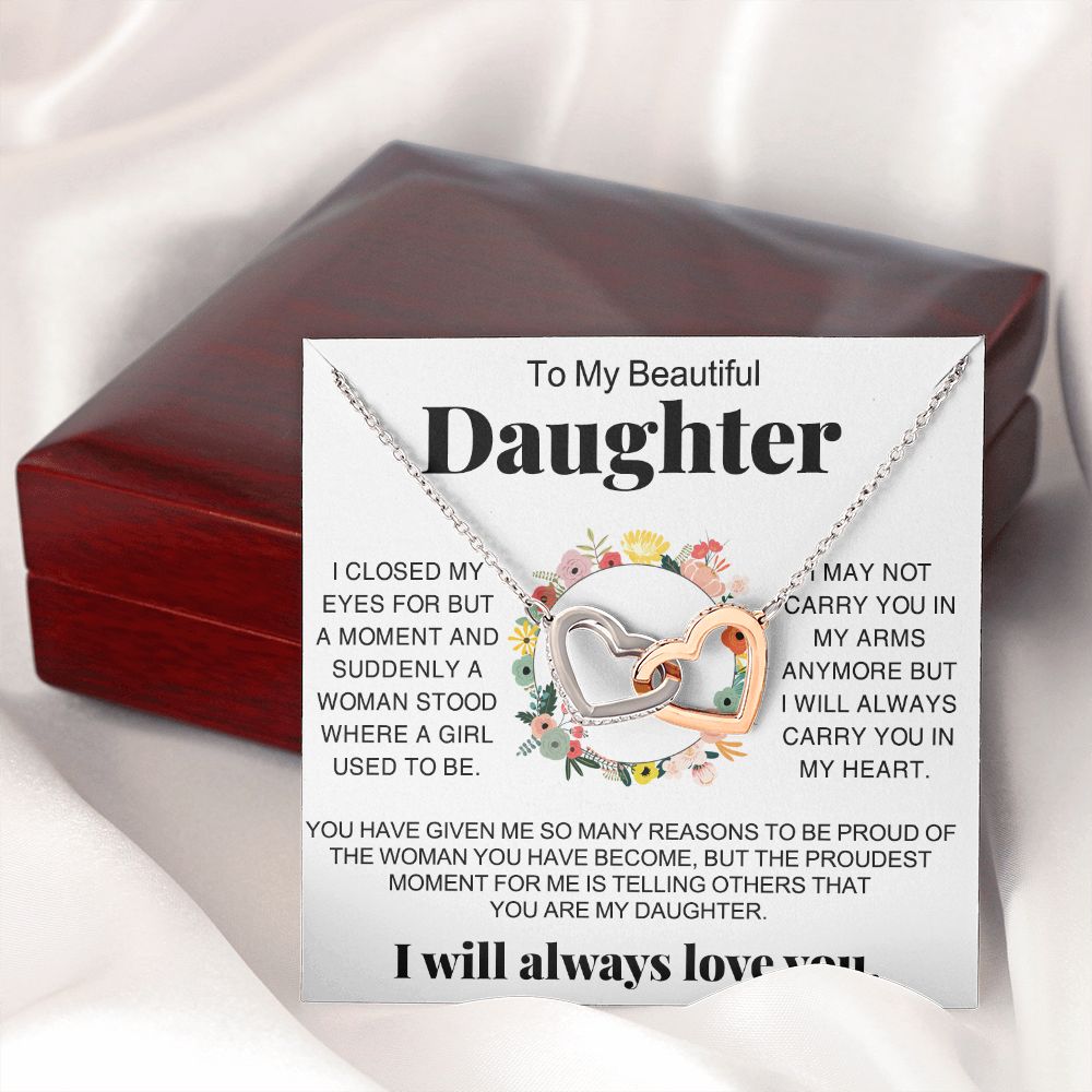 Jewelry Pendant Present for Daughter, To My Daughter Gift Necklace from Mom, Mother Daughter Gift Ideas, Birthday Christmas Gift Graduation Gifts for Daughters, Mother and Daughter Necklace 16 Interlocking Hearts Necklace