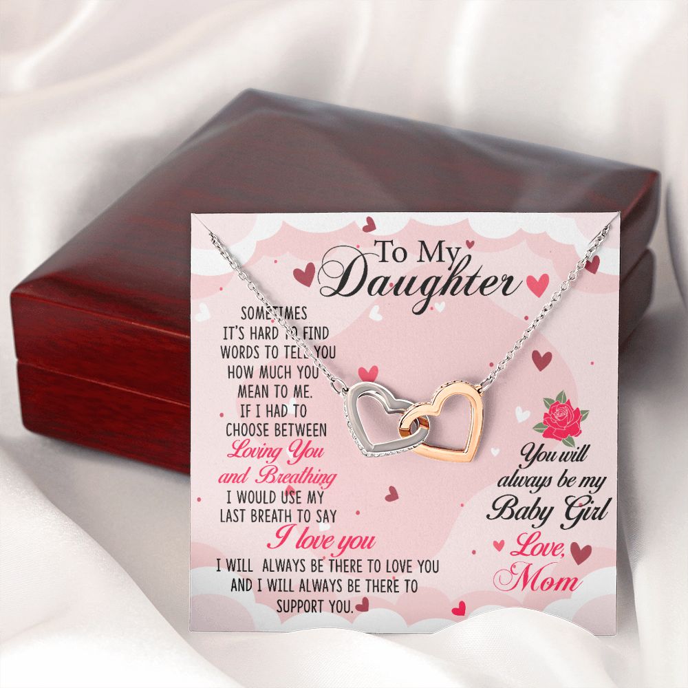 To my Daughter Necklace Pendant Gift From Mom Loving You And Breathing With Message Card Gift Box Gift For To Daughter, Daughter In Law On Birthday Anniversary Interlocking Hearts Necklace