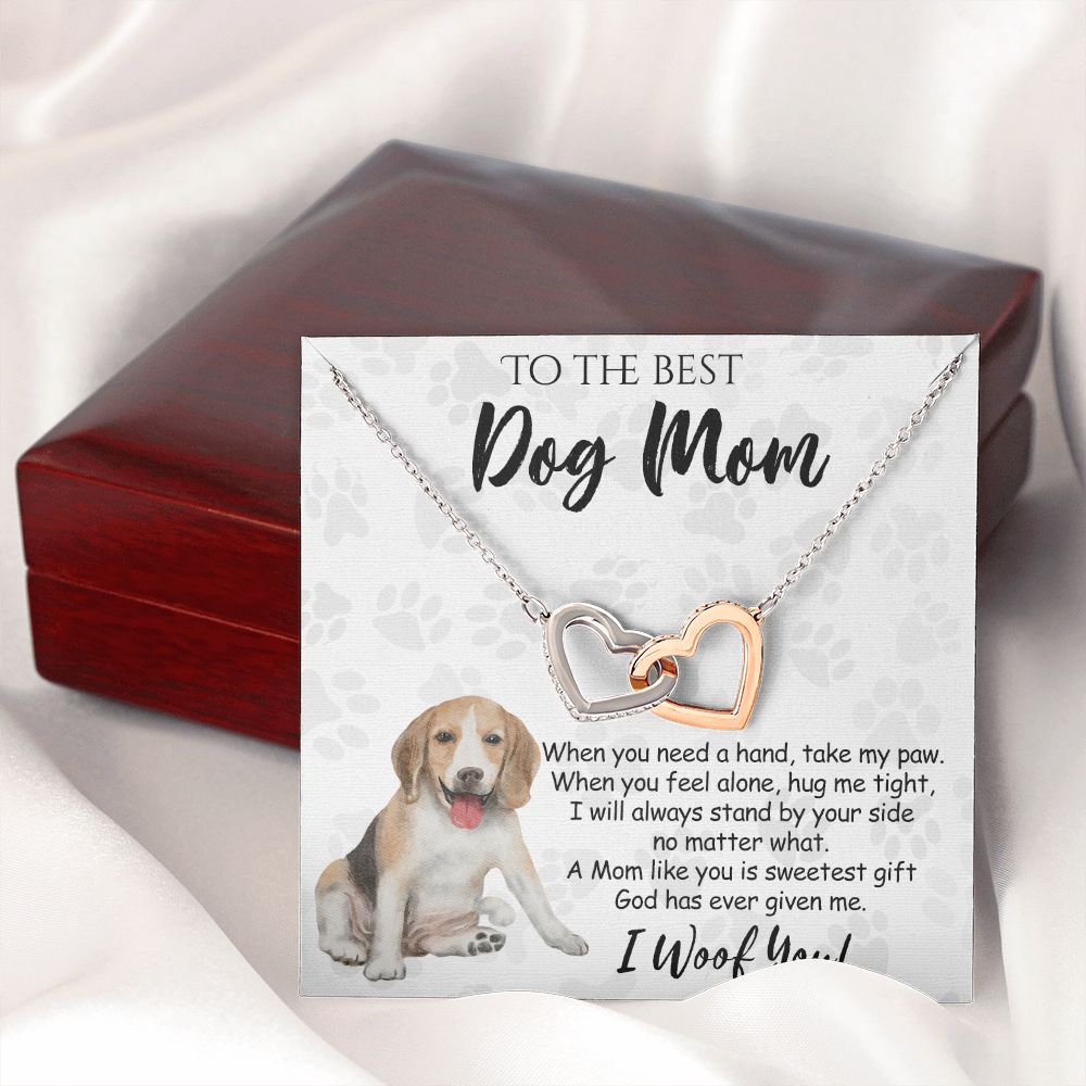 To The Best Beagle Dog Mom Knot Necklace Mother's Day Gift , I Woof You Quote Gift Card, Message Card Jewelry For Dog Lovers, Necklace For Mom Interlocking Hearts Necklace