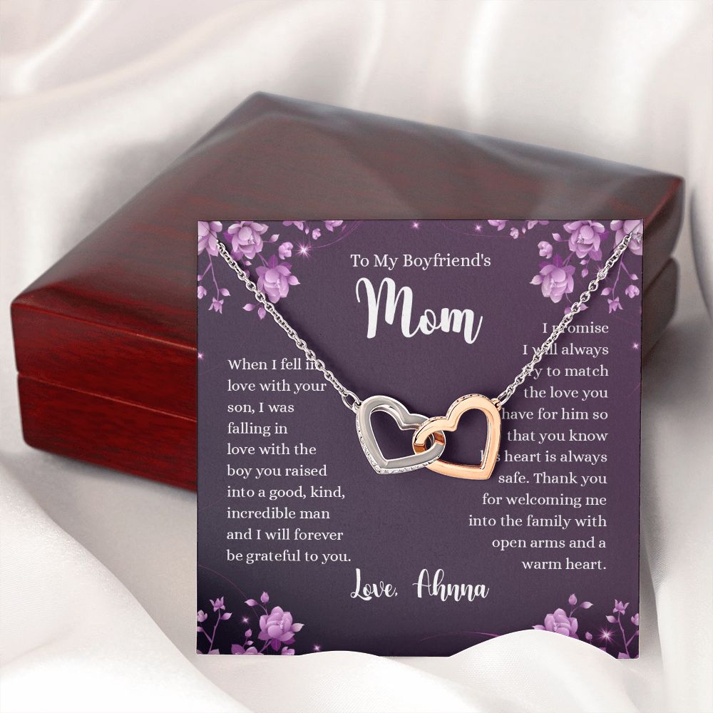 To My Boyfriends Mom Necklace with Message Card Jewelry Custom Card Necklace for Boyfriends Moms Birthday Gift For Boyfriend’s Mom, Mother’s Day Gift Jewelry for Boyfriends Mom Interlocking Hearts Necklace