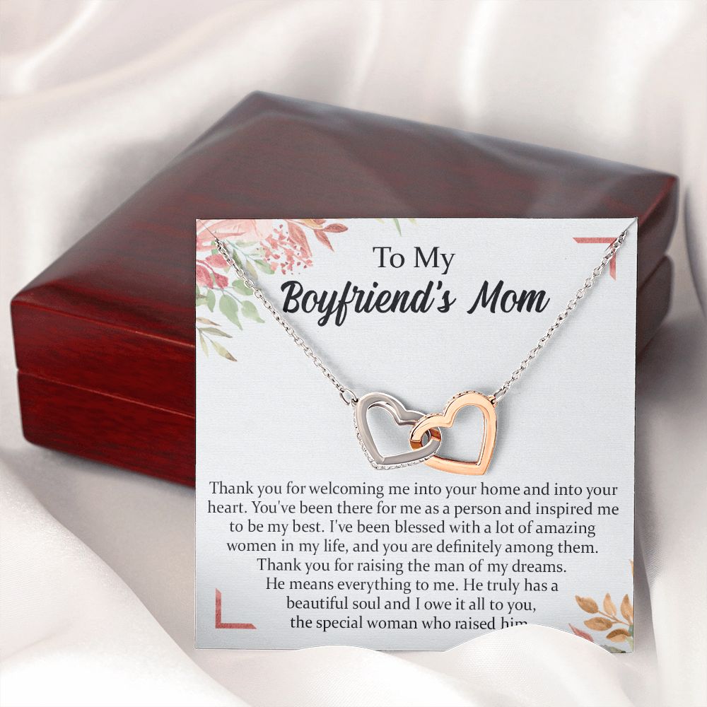 To My Boyfriend's Mom Necklace, Thank You for Raising Man Necklace, Gift to My Boyfriend's Mom for Mothers Day Birthday, Christmas, Going Away, Retirement Jewelry for Women Interlocking Hearts Necklace