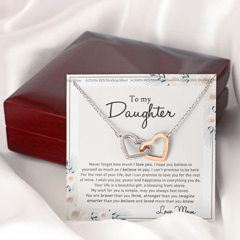 To my Beautiful Daughter Necklace With Thoughtful Card Box Gifts for Daughter from Mom Mother Daughter Gifts Jewelry for Daughter Present for Birthday Anniversary Christmas Interlocking Hearts Necklace