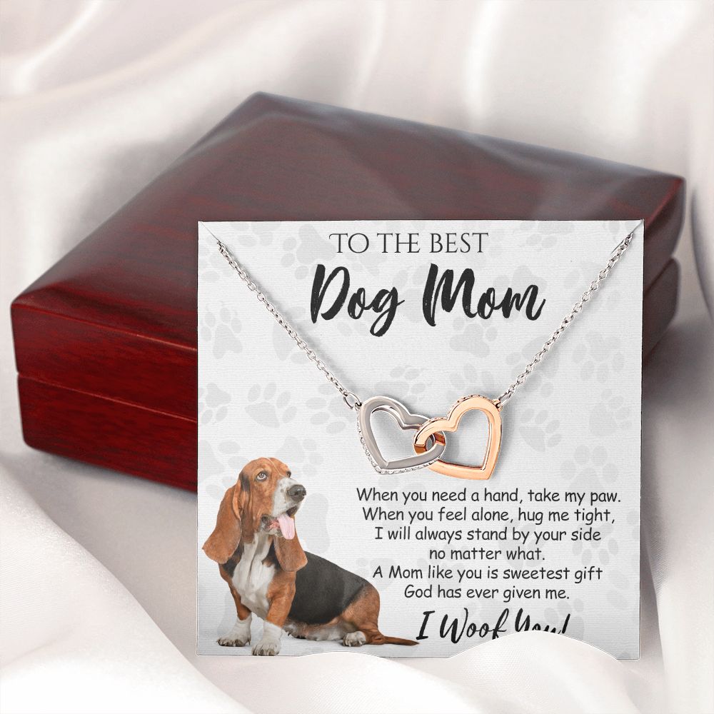 To The Best Basset Hound Dog Mom Knot Necklace Mother's Day Gift , I Woof You Quote Gift Card, Message Card Jewelry For Dog Lovers, Necklace For Mom Interlocking Hearts Necklace