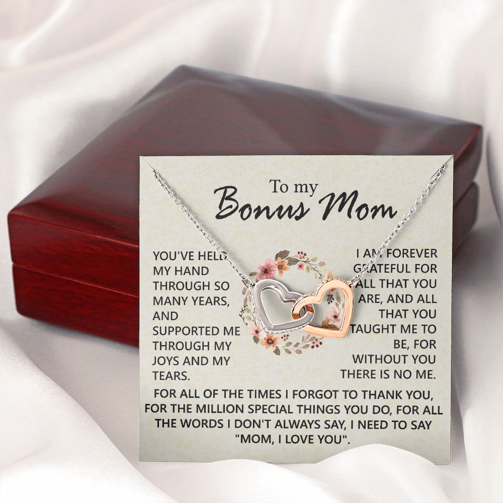 Bonus Mom Jewelry Gift for Stepmom, Foster Mom - Featuring Necklace With Meaningful Message Card & Gift Box for Birthday, Mother's Day Necklace for Bonus Mom Interlocking Hearts Necklace