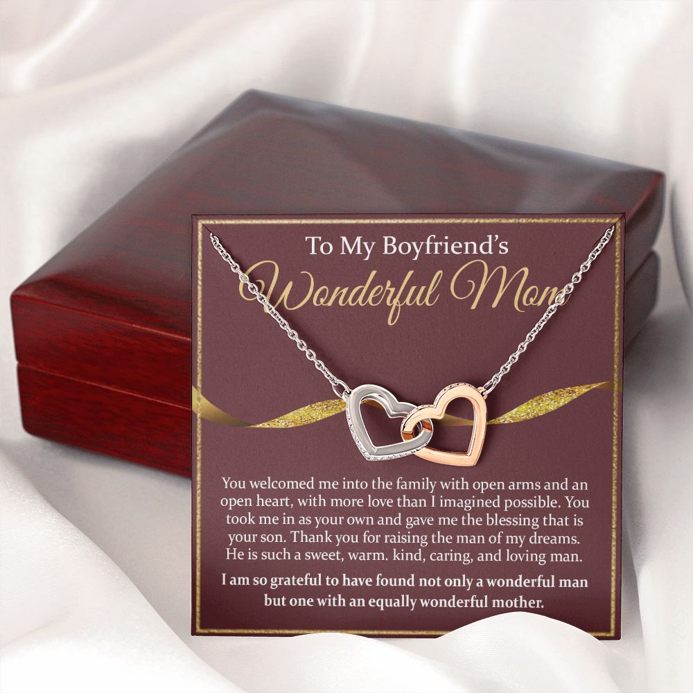 To My Boyfriend's Mom Necklace Mother in Law Jewelry Gift for Christmas Birthday Mother's Day Gift Jewelry Box and Message Card to Boyfriends Mother Gift from Girlfriend Interlocking Hearts Necklace