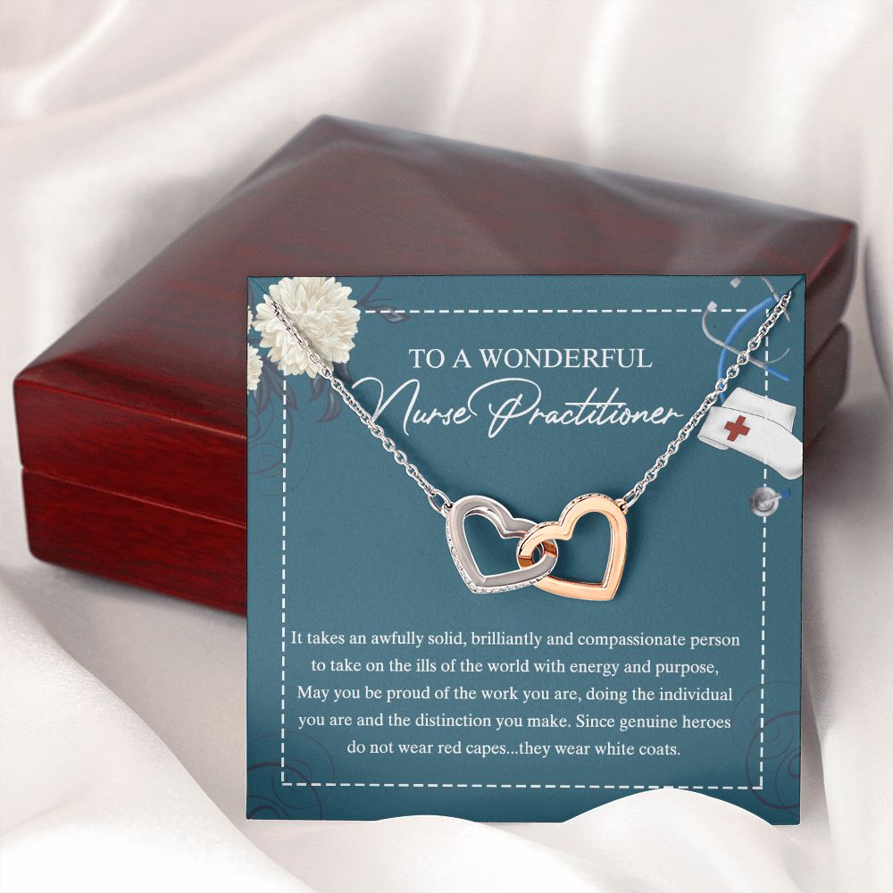 To My Nurse Practitioner Necklace with Box Message Card, Gift For Nurse Jewelry Congrats Graduation Pendants Gift For Daughter, Granddaughter, Niece, Sister Interlocking Hearts Necklace