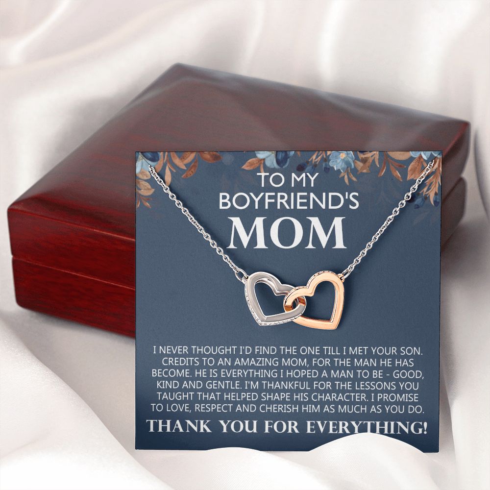 To My Boyfriend's Mom Gift Boyfriends Mom Necklace Future Mother in Law Jewelry Christmas Mothers Day Gift with Message Card Box For My Boyfriend Mother Mom Mother's Day Necklace Interlocking Hearts Necklace