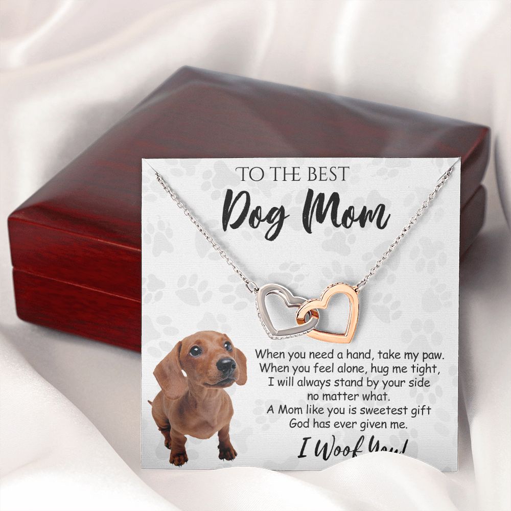 To The Best Dachshund Dog Mom Knot Necklace Mother's Day Gift , I Woof You Quote Gift Card, Message Card Jewelry For Dog Lovers, Necklace For Mom Interlocking Hearts Necklace
