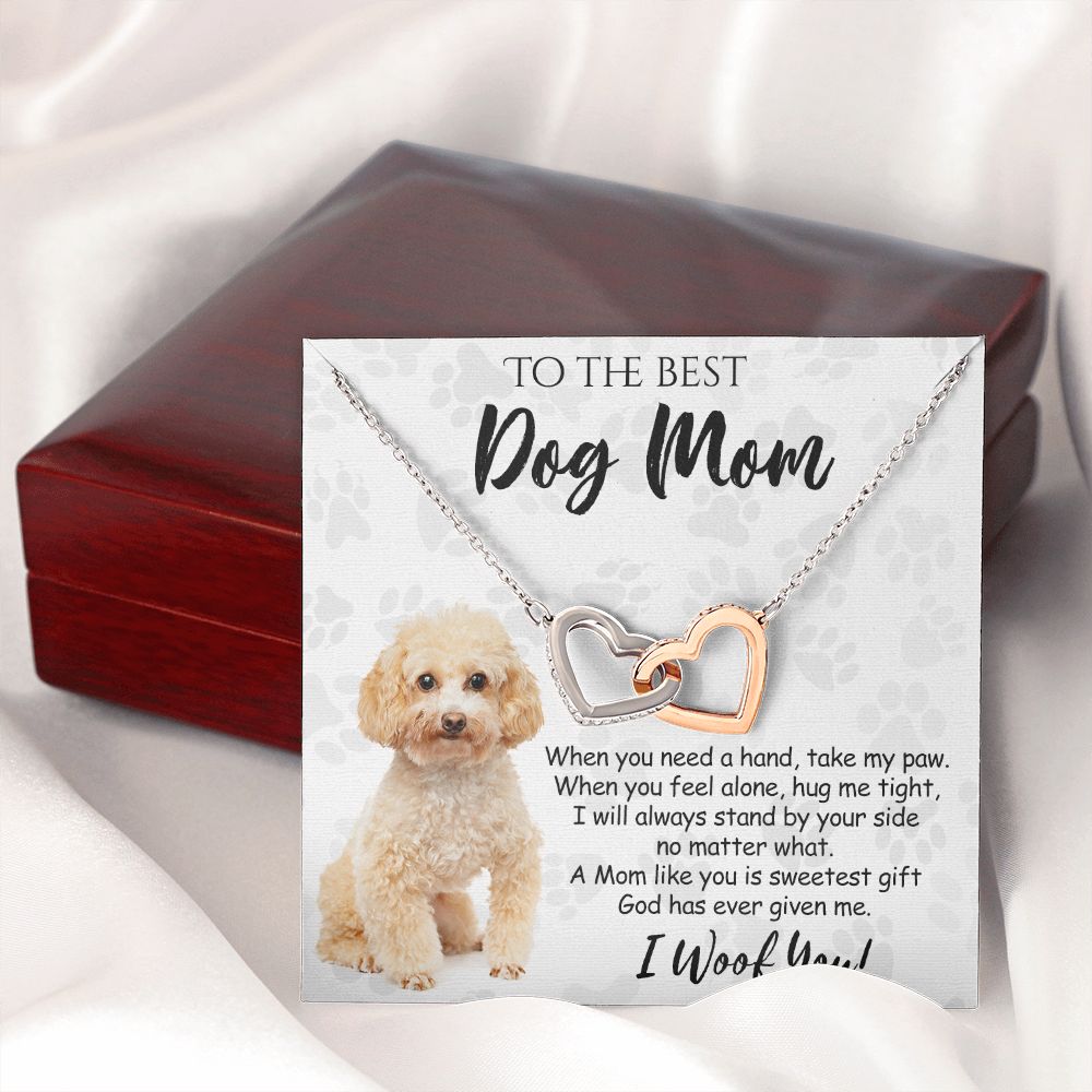 To The Best Poodle Dog Mom Knot Necklace Mother's Day Gift , I Woof You Quote Gift Card, Message Card Jewelry For Dog Lovers, Necklace For Mom Interlocking Hearts Necklace