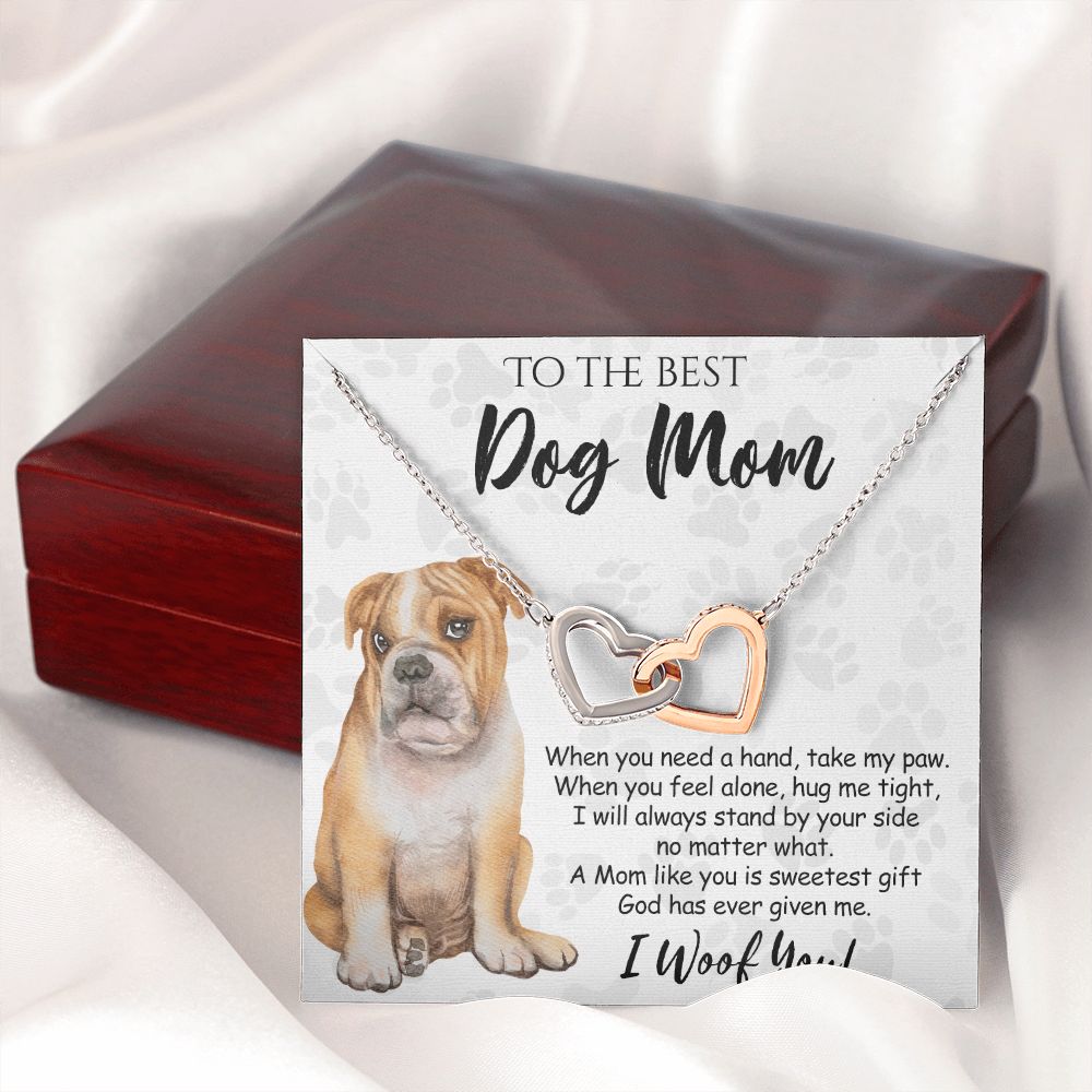 To The Best BullDog Mom Knot Necklace Mother's Day Gift , I Woof You Gift Card, Message Card Jewelry For Dog Lovers, Necklace For Mom Interlocking Hearts Necklace