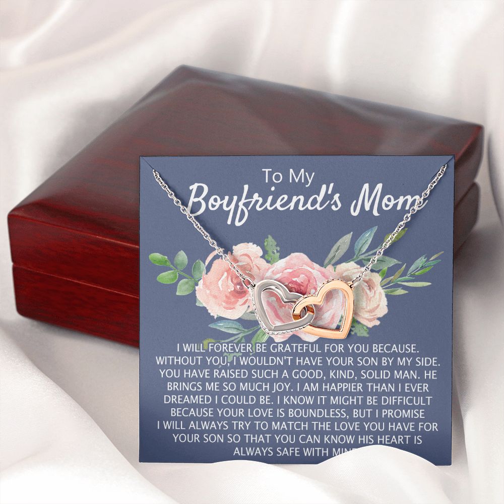 To My Boyfriend's Mom Necklace Pendant Jewelry Gift for Boyfriend's Mom on Mothers Day Birthday Present Jewelry Gift Box for Boyfriend's Mom Gift Personalized Custom Necklace for Women Interlocking Hearts Necklace