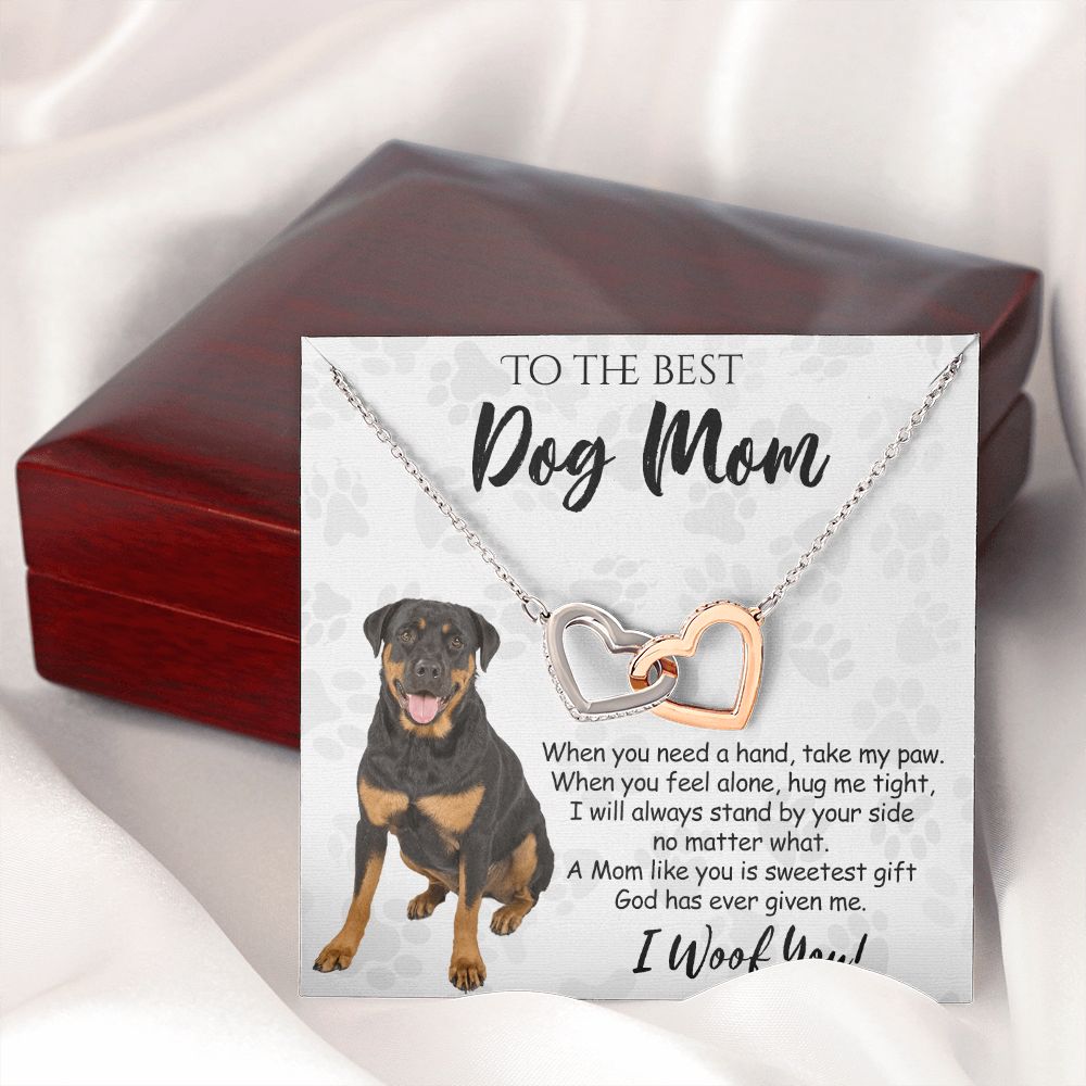 To The Best Rottweiler Dog Mom Knot Necklace Mother's Day Gift , I Woof You Quote Gift Card, Message Card Jewelry For Dog Lovers, Necklace For Mom Interlocking Hearts Necklace