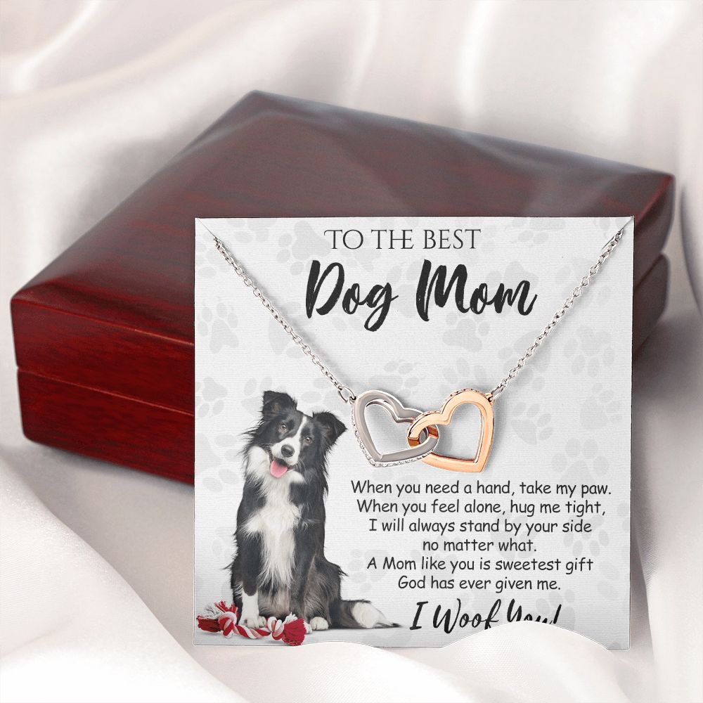To The Best Border Collie Dog Mom Knot Necklace Mother's Day Gift , I Woof You Quote Gift Card, Message Card Jewelry For Dog Lovers, Necklace For Mom Interlocking Hearts Necklace
