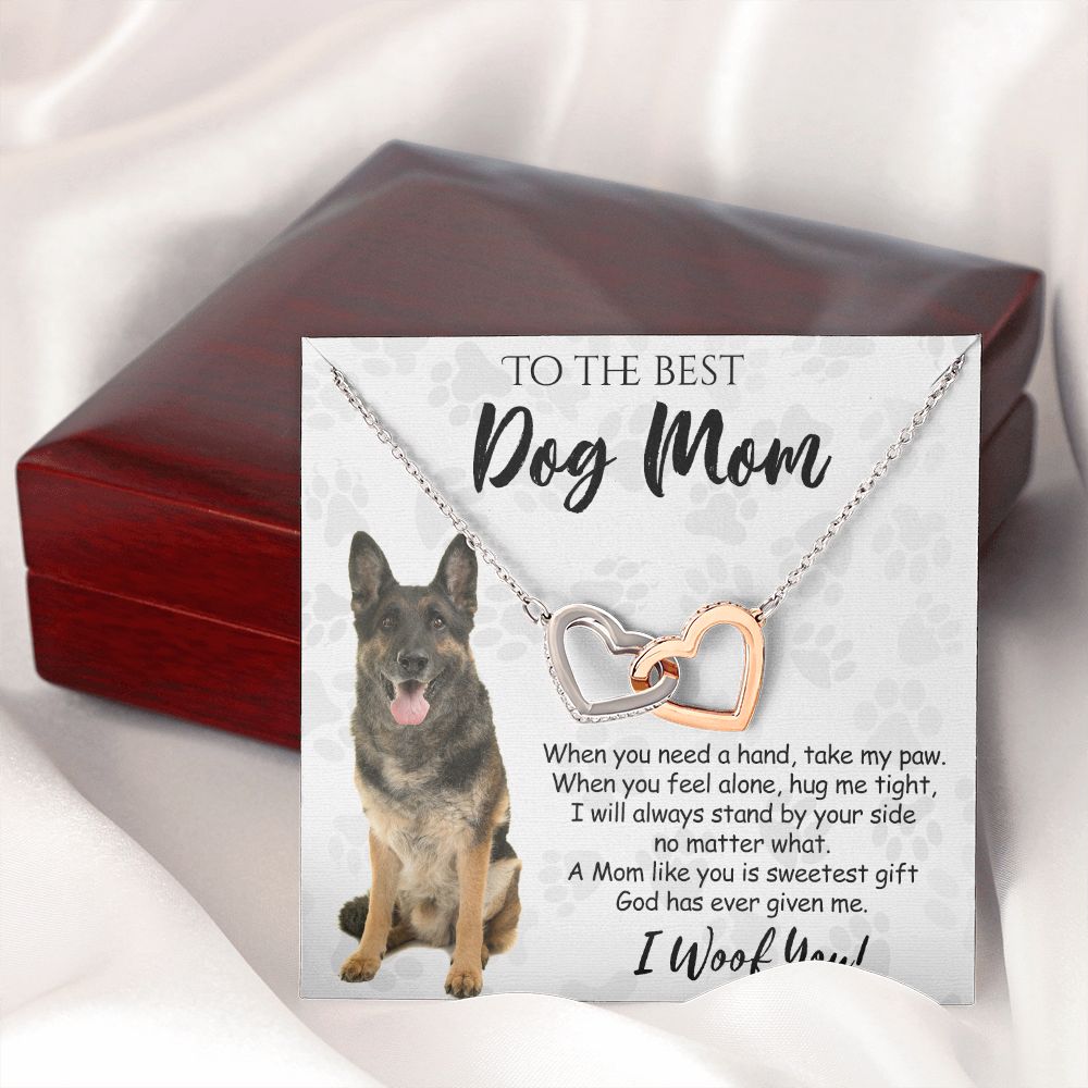 To The Best German Shepherd Dog Mom Knot Necklace Mother's Day Gift , I Woof You Quote Gift Card, Message Card Jewelry For Dog Lovers, Necklace For Mom Interlocking Hearts Necklace