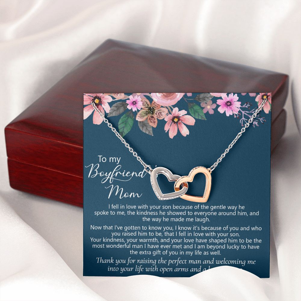To My Boyfriend's Mom Gift Boyfriend Mother Solid Gold Necklace for Christmas Birthday Mother's Day, Message Card to Mother in Law Interlocking Hearts Necklace