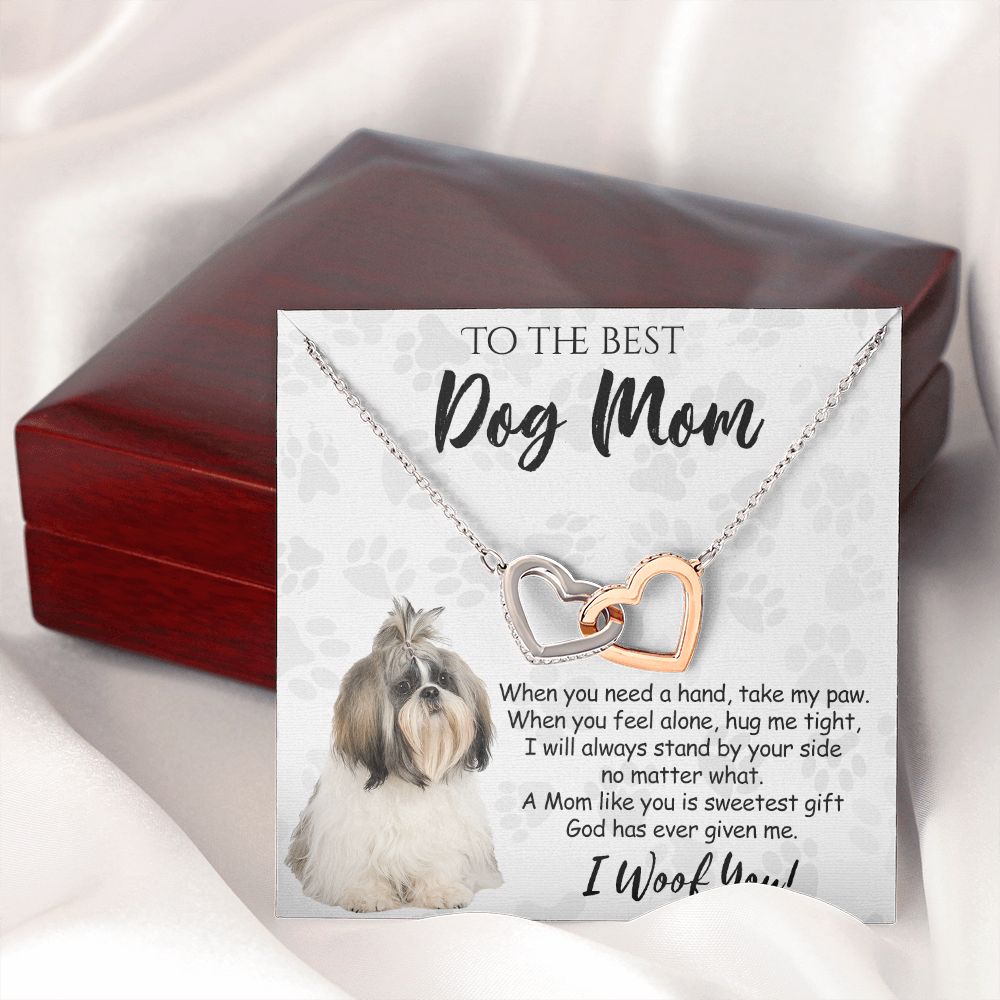 To The Best Shih Tzu Dog Mom Knot Necklace Mother's Day Gift , I Woof You Quote Gift Card, Message Card Jewelry For Dog Lovers, Necklace For Mom Interlocking Hearts Necklace