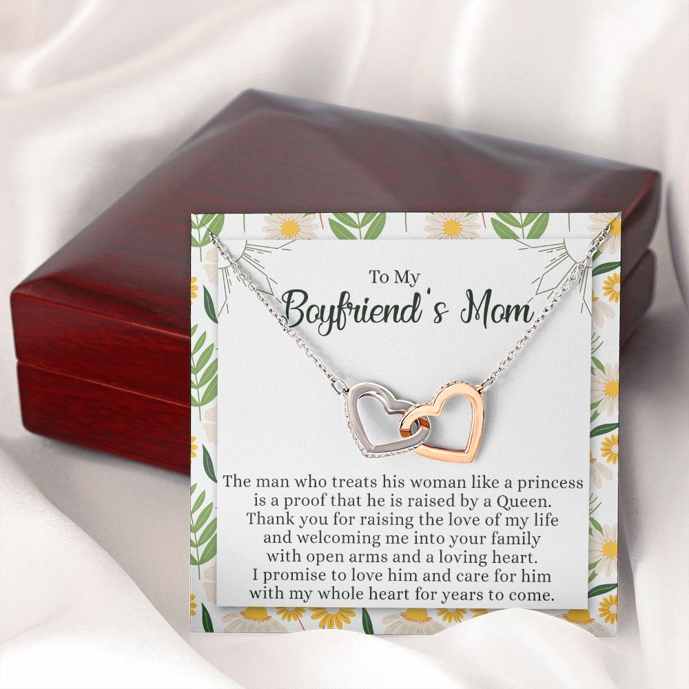 To My Boyfriend's Mom Necklace with Message Card Box, Boyfriends Mom Gift Necklace for Boyfriends Mom Mother Girlfriends to Boyfriend Mom Gift for Mom of Boyfriend Custom Message Card Interlocking Hearts Necklace