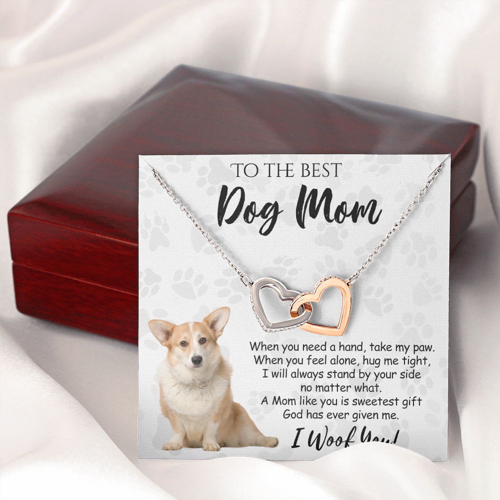 To The Best Corgi Dog Mom Knot Necklace Mother's Day Gift , I Woof You Quote Gift Card, Message Card Jewelry For Dog Lovers, Necklace For Mom Interlocking Hearts Necklace