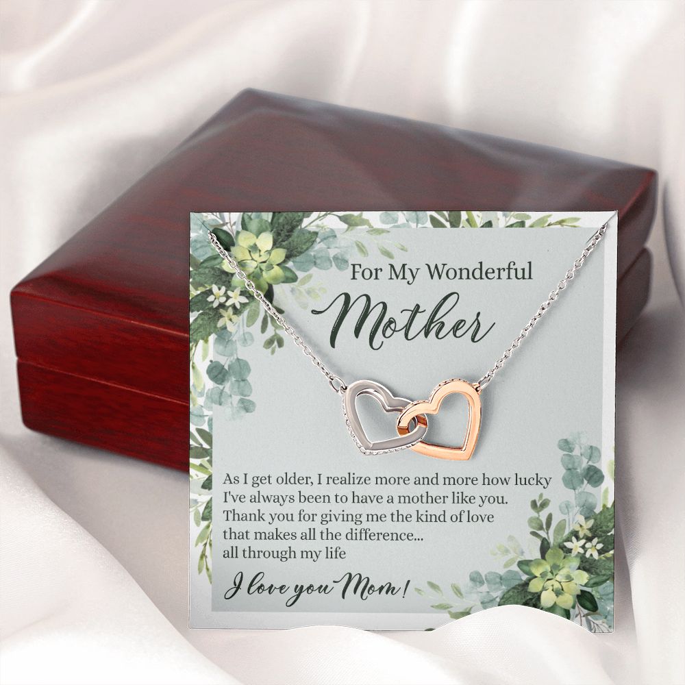 To My Wonderful Mother Necklace Message Card, Gift Box for Mom Birthday Gift From Daughter Mothers Day Necklace for Mom Gift From Daughter Mom Gifts For Mom Thank You Gift For Mom Interlocking Hearts Necklace
