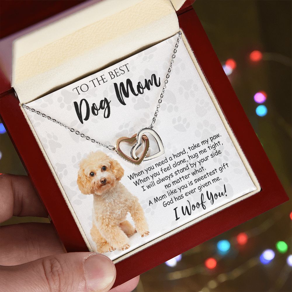 To The Best Poodle Dog Mom Knot Necklace Mother's Day Gift , I Woof You Quote Gift Card, Message Card Jewelry For Dog Lovers, Necklace For Mom Interlocking Hearts Necklace