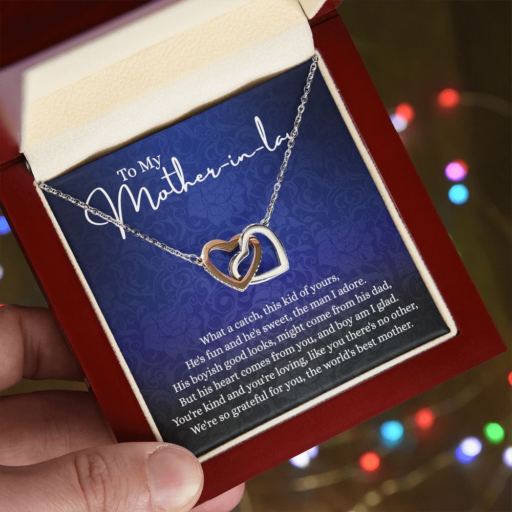 To My Mother in Law Necklace, Gift for Mother in Law Jewelry Box, Gift Card, Necklace for Mother in Law Jewelry Gift to My Mother-in-law on Wedding Day Mother's day gift for Mother in Law Interlocking Hearts Necklace