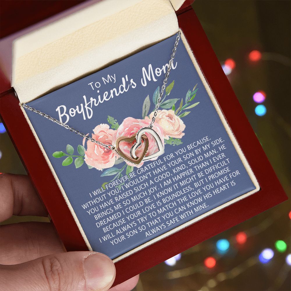 To My Boyfriend's Mom Necklace Pendant Jewelry Gift for Boyfriend's Mom on Mothers Day Birthday Present Jewelry Gift Box for Boyfriend's Mom Gift Personalized Custom Necklace for Women Interlocking Hearts Necklace