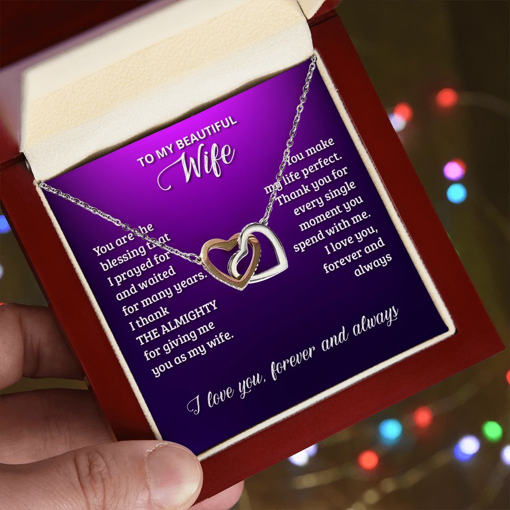 Gifts For Wife Romantic, Wife Birthday Gift Ideas, To My Beautiful Wife Necklace, Interlocking Hearts Necklace For Wife From Husband, Message Card and Gift Box