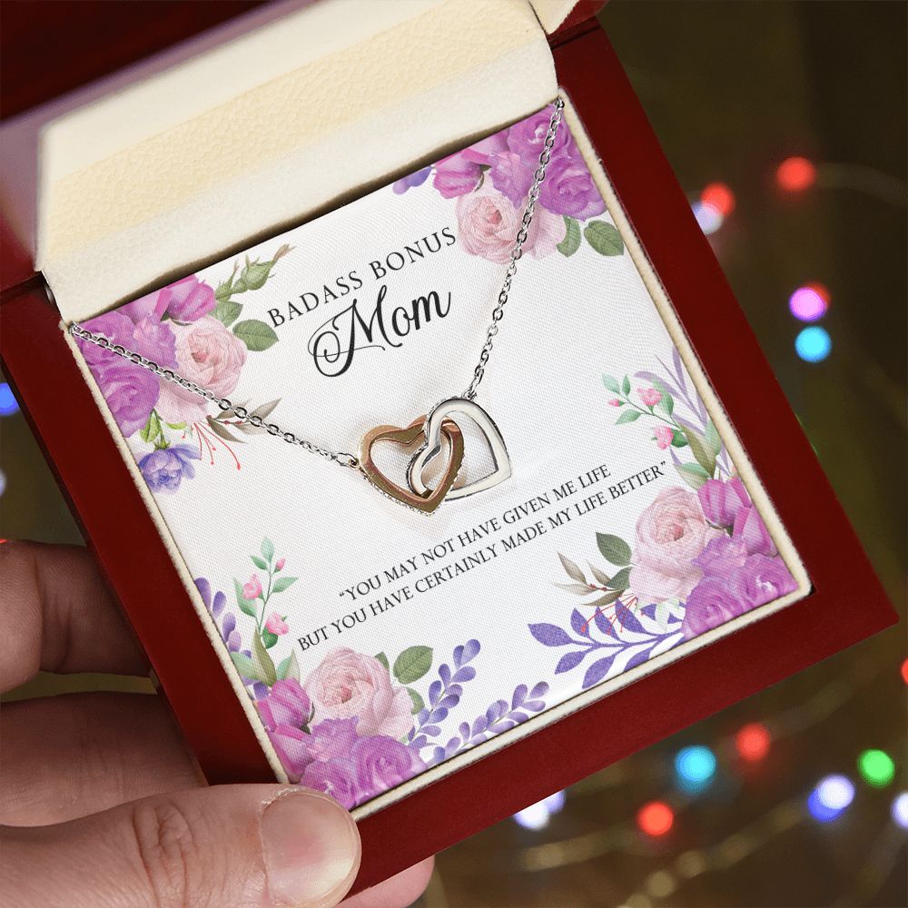 To My Badass Bonus Mom Necklace Pendant Gift From Daughter Or Son Necklace For To Mommy, Mother, Mother In Law Gift On Birthday, Anniversary Holiday Gift 30821 Interlocking Hearts Necklace