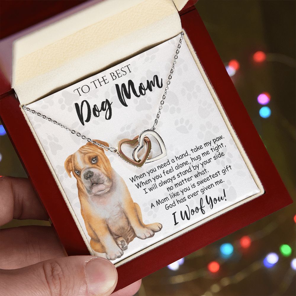 To The Best BullDog Mom Knot Necklace Mother's Day Gift , I Woof You Gift Card, Message Card Jewelry For Dog Lovers, Necklace For Mom Interlocking Hearts Necklace