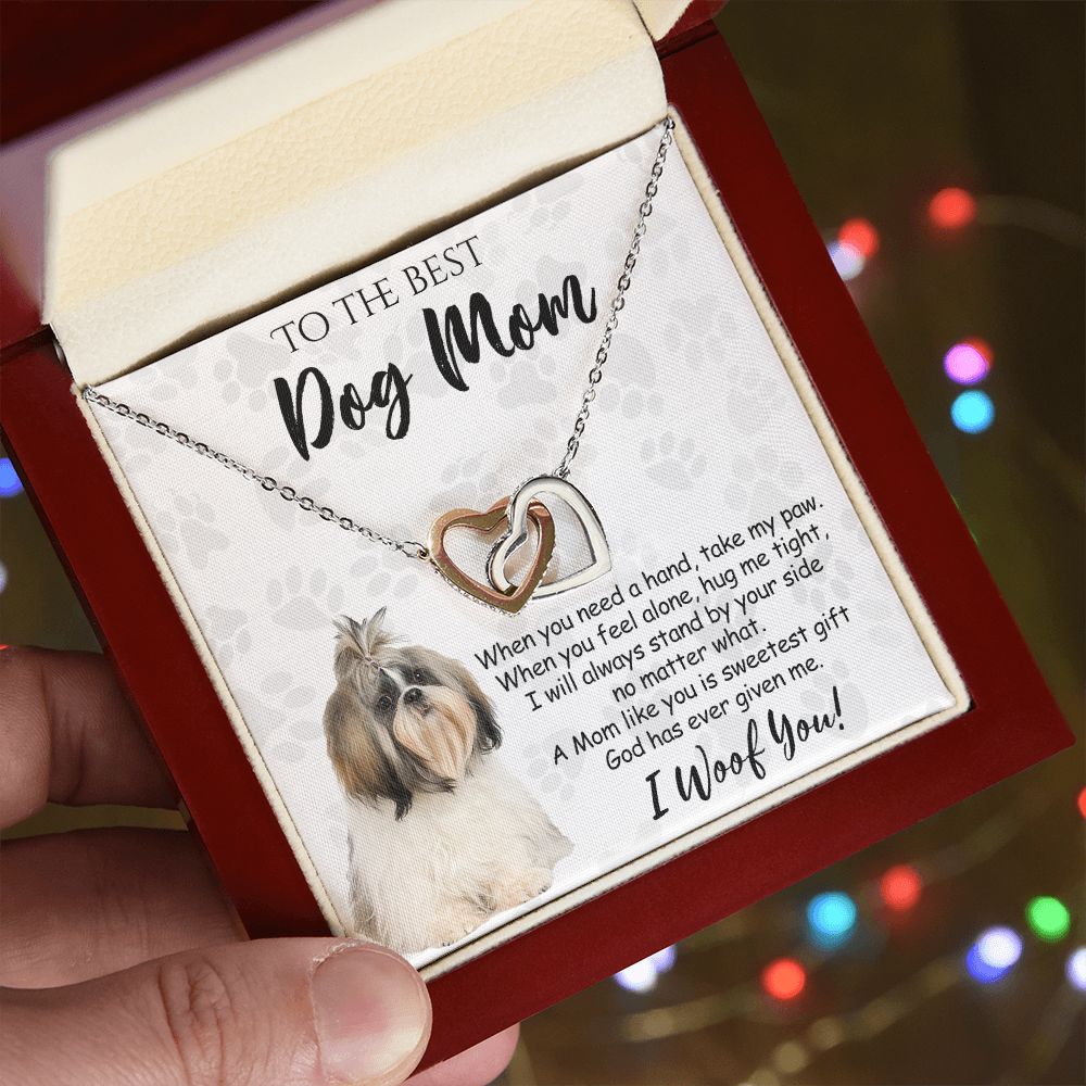 To The Best Shih Tzu Dog Mom Knot Necklace Mother's Day Gift , I Woof You Quote Gift Card, Message Card Jewelry For Dog Lovers, Necklace For Mom Interlocking Hearts Necklace