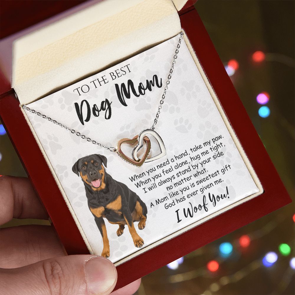 To The Best Rottweiler Dog Mom Knot Necklace Mother's Day Gift , I Woof You Quote Gift Card, Message Card Jewelry For Dog Lovers, Necklace For Mom Interlocking Hearts Necklace