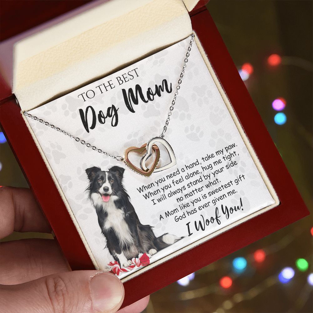 To The Best Border Collie Dog Mom Knot Necklace Mother's Day Gift , I Woof You Quote Gift Card, Message Card Jewelry For Dog Lovers, Necklace For Mom Interlocking Hearts Necklace