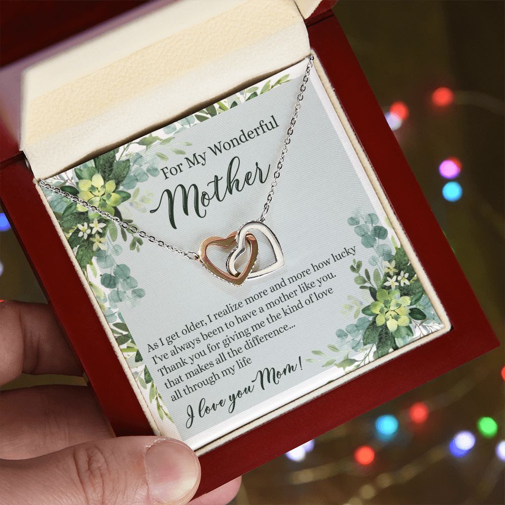 To My Wonderful Mother Necklace Message Card, Gift Box for Mom Birthday Gift From Daughter Mothers Day Necklace for Mom Gift From Daughter Mom Gifts For Mom Thank You Gift For Mom Interlocking Hearts Necklace