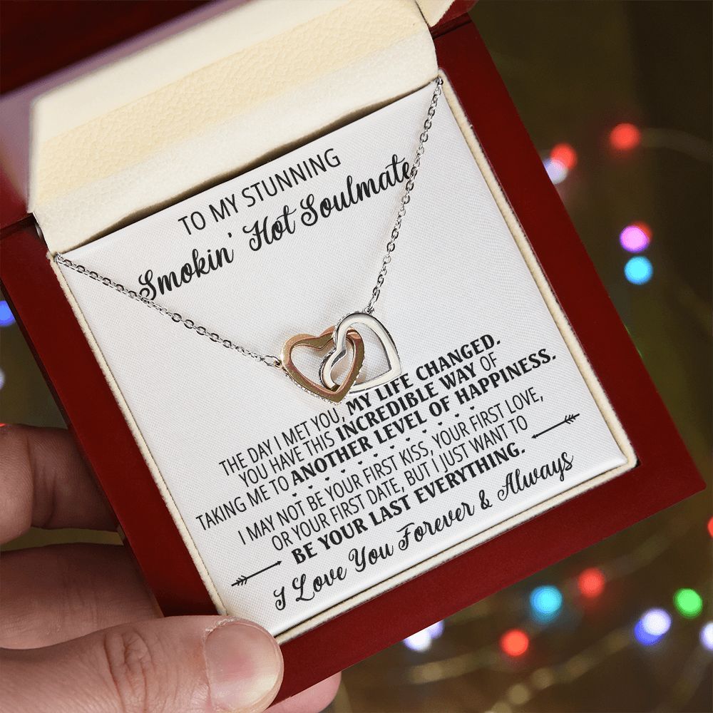 To My Smokin Hot Soulmate Necklace - Wife Gifts From Husband To My Wife Necklace, Gift for Her Romantic, Girlfriend Gifts Necklace for Wife from Men Includes Message Card and Gift Box 1 Interlocking Hearts Necklace