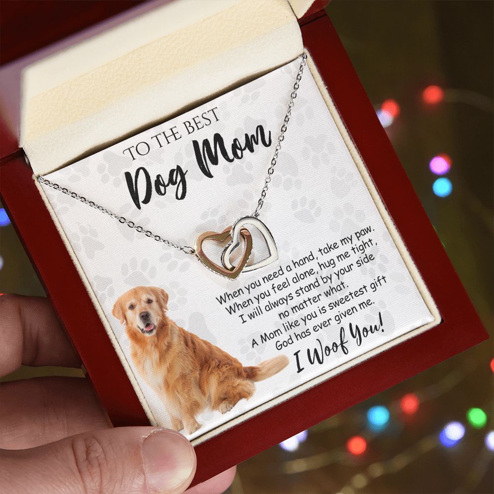 To The Best Golden Retriever Dog Mom Knot Necklace Mother's Day Gift , I Woof You Quote Gift Card, Message Card Jewelry For Dog Lovers, Necklace For Mom Interlocking Hearts Necklace