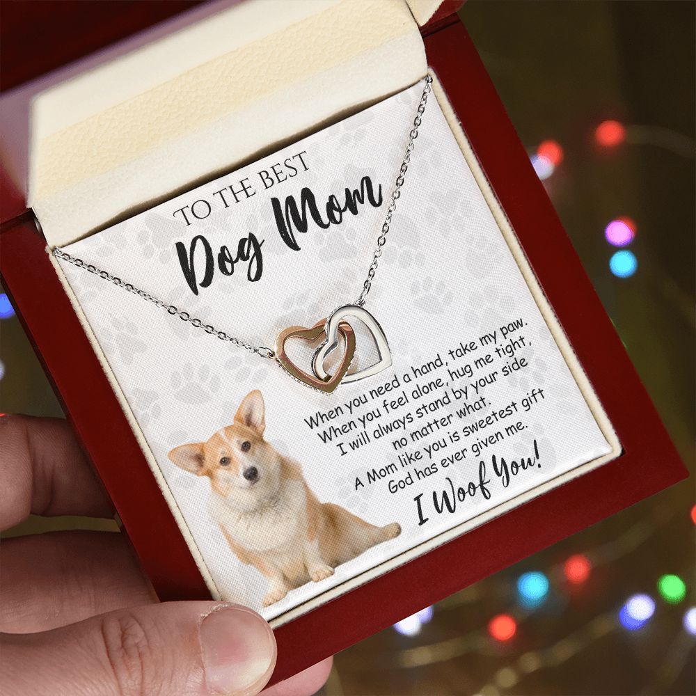 To The Best Corgi Dog Mom Knot Necklace Mother's Day Gift , I Woof You Quote Gift Card, Message Card Jewelry For Dog Lovers, Necklace For Mom Interlocking Hearts Necklace