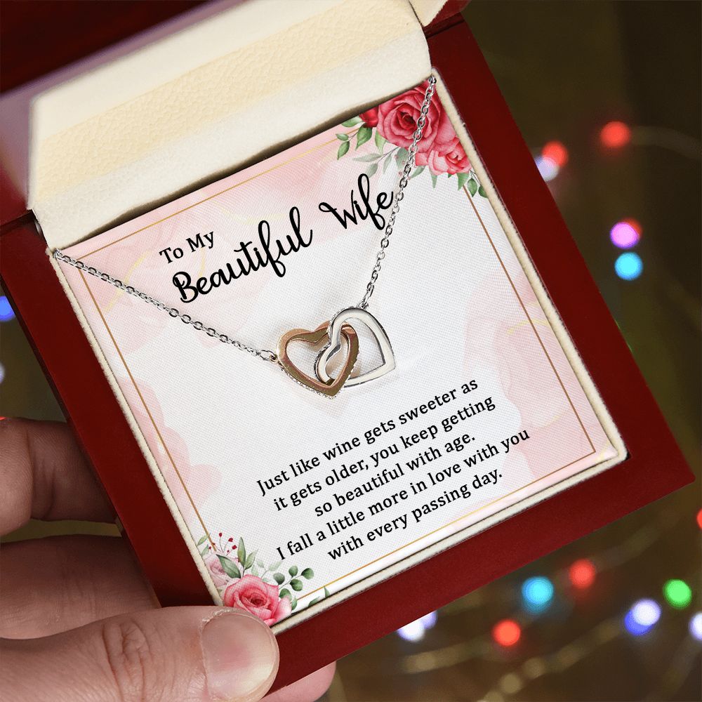 Gifts For Wife Romantic, Wife Birthday Gift Ideas, To My Beautiful Wife Necklace, Necklace For Wife From Husband, Message Card and Gift Box Interlocking Hearts Necklace