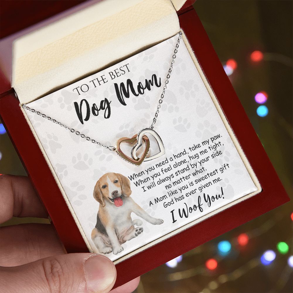 To The Best Beagle Dog Mom Knot Necklace Mother's Day Gift , I Woof You Quote Gift Card, Message Card Jewelry For Dog Lovers, Necklace For Mom Interlocking Hearts Necklace