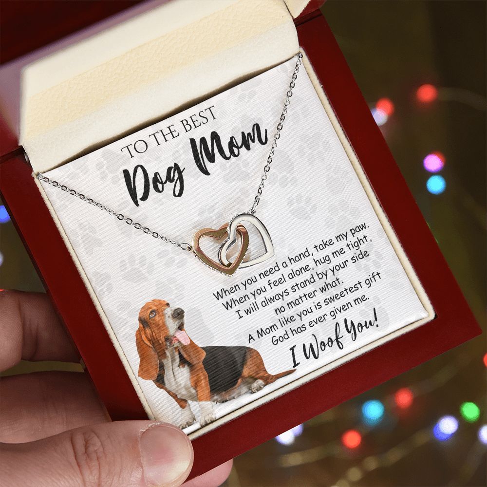 To The Best Basset Hound Dog Mom Knot Necklace Mother's Day Gift , I Woof You Quote Gift Card, Message Card Jewelry For Dog Lovers, Necklace For Mom Interlocking Hearts Necklace