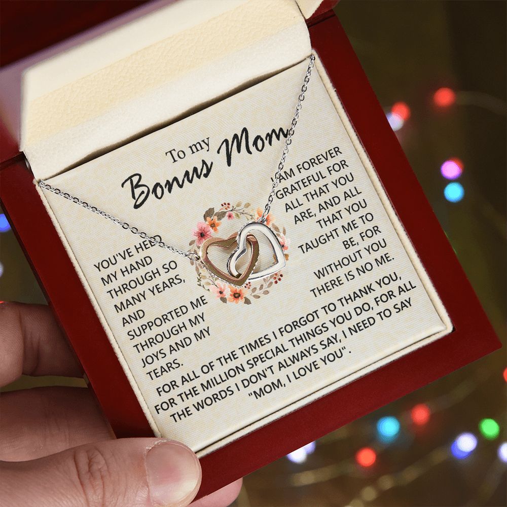 Bonus Mom Jewelry Gift for Stepmom, Foster Mom - Featuring Necklace With Meaningful Message Card & Gift Box for Birthday, Mother's Day Necklace for Bonus Mom Interlocking Hearts Necklace