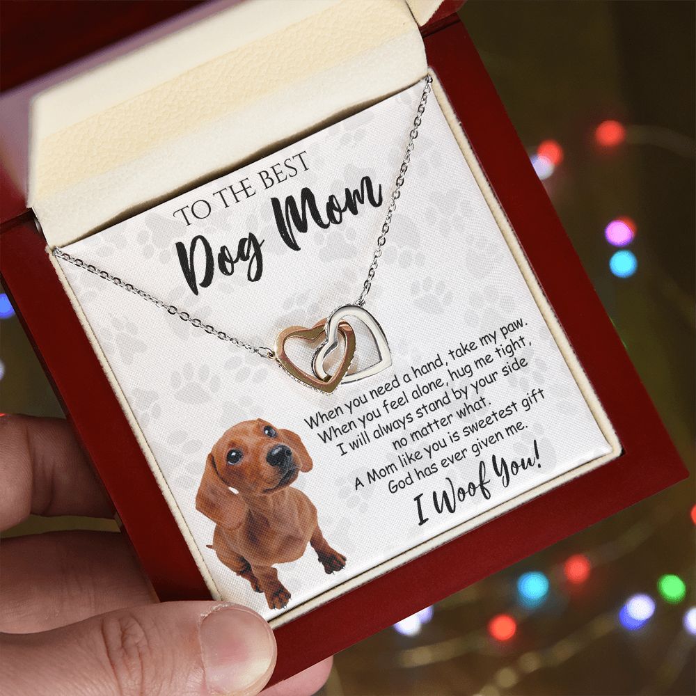 To The Best Dachshund Dog Mom Knot Necklace Mother's Day Gift , I Woof You Quote Gift Card, Message Card Jewelry For Dog Lovers, Necklace For Mom Interlocking Hearts Necklace