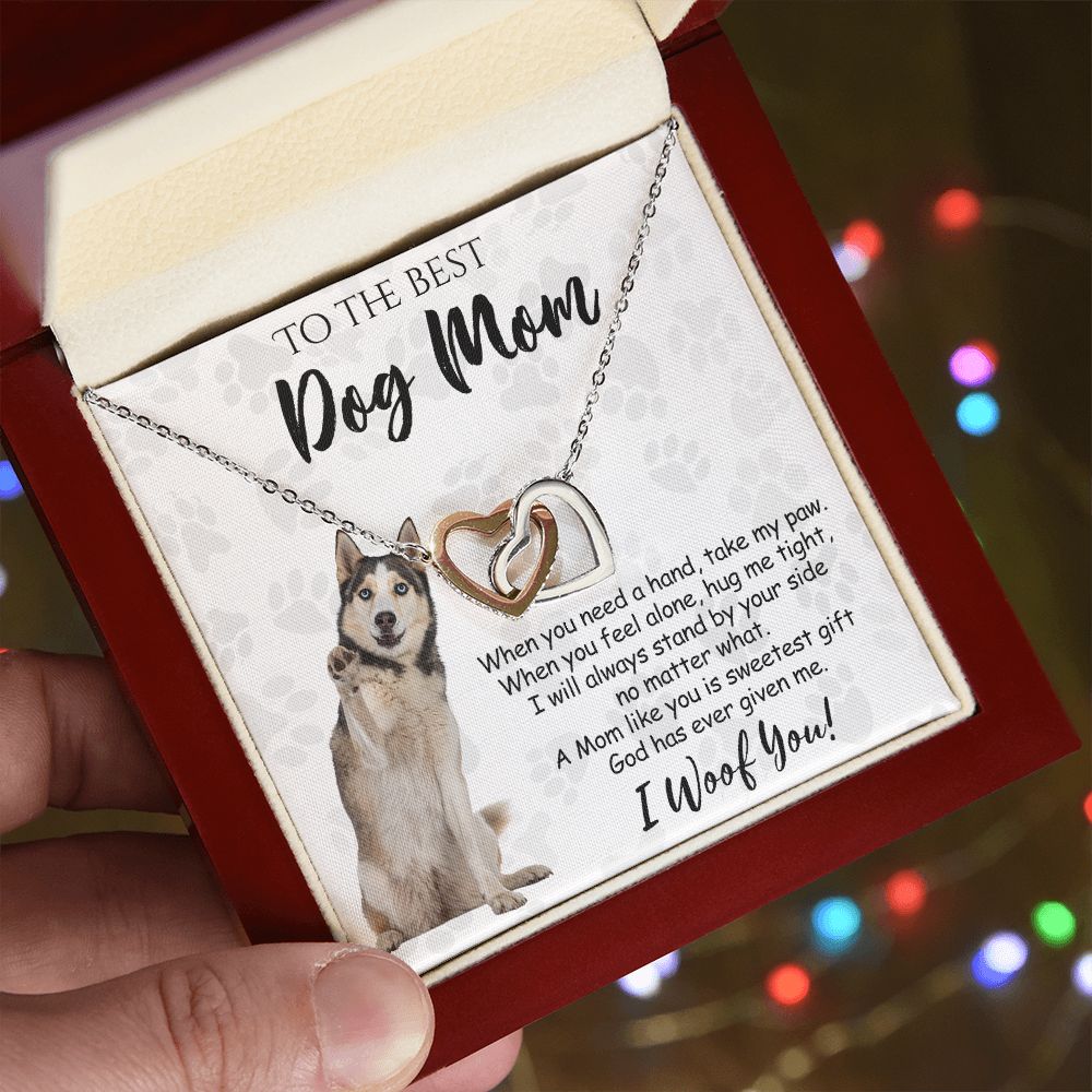 To The Best Husky Dog Mom Knot Necklace Mother's Day Gift , I Woof You Quote Gift Card, Message Card Jewelry For Dog Lovers, Necklace For Mom Interlocking Hearts Necklace