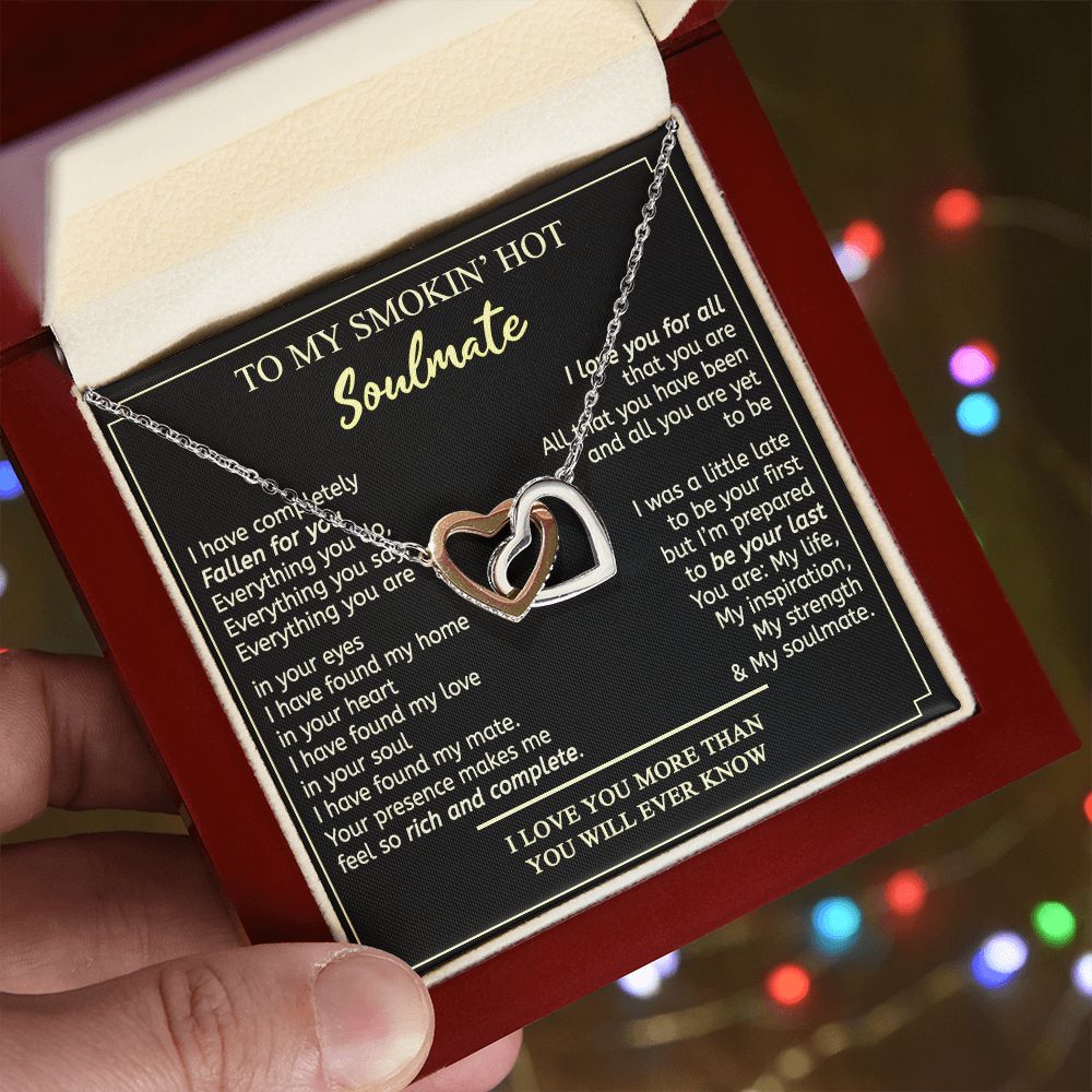 To My Smokin Hot Soulmate Necklace - Wife Gifts From Husband To My Wife Necklace, Gift for Her Romantic, Girlfriend Gifts Necklace for Wife from Men Includes Message Card and Gift Box 2 Interlocking Hearts Necklace