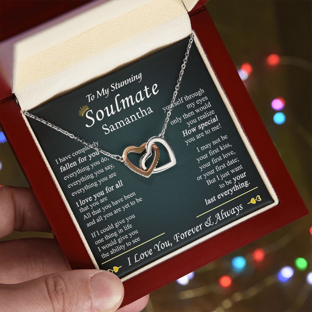To My Soulmate Necklace for Women Birthday Valentines Day Jewelry Gifts For My Wife with Message Card Box Personalized Gift Present Pendant for Future Wife Soulmate Girlfriend Love 1 Interlocking Hearts Necklace