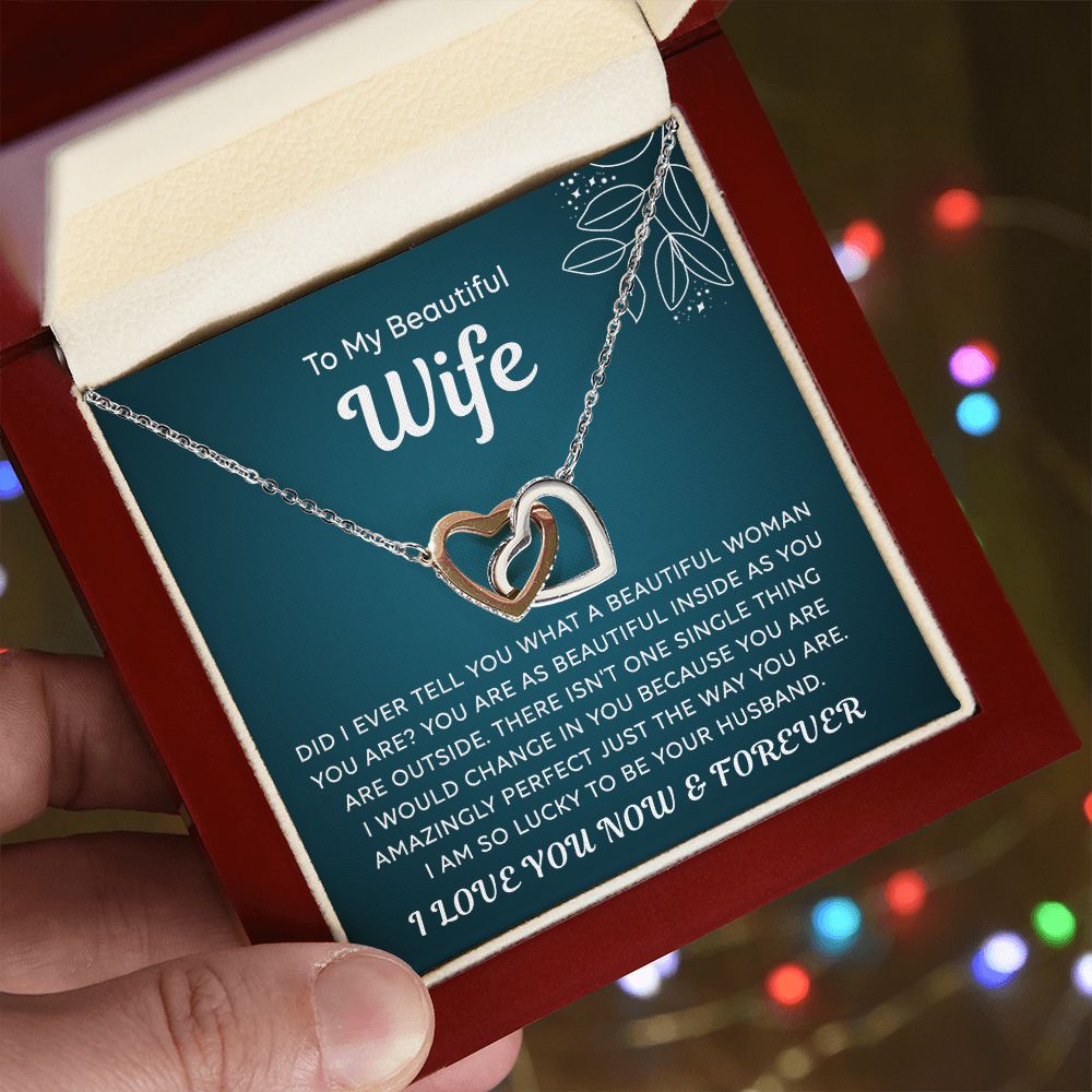To My Beautiful Wife Necklace From Husband Interlocking Hearts Necklace for Wife Soulmate Jewelry with Message Card and Box Necklaces for Women Valentines Day Happy Anniversary Present for Birthday Merry Christmas for Wife