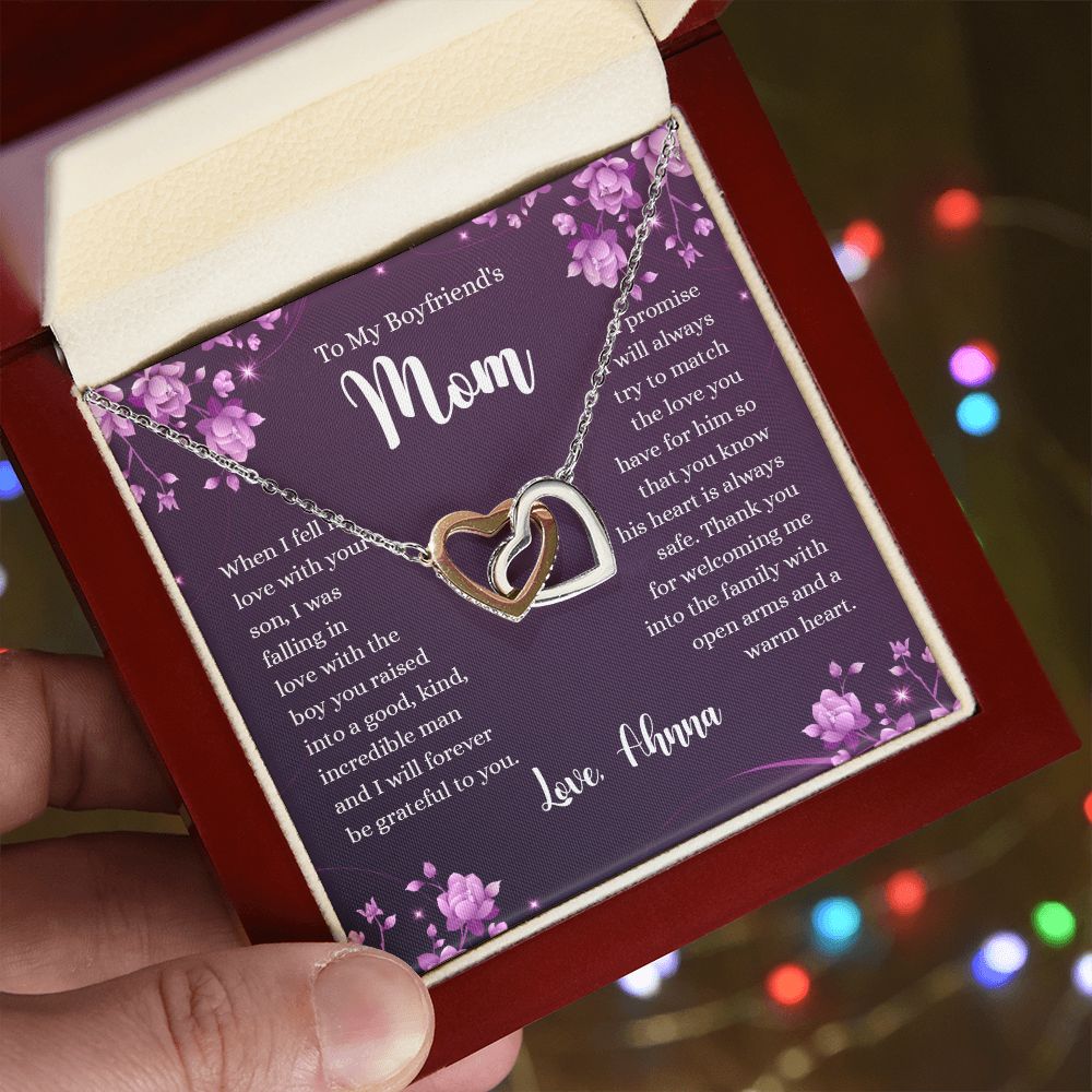 To My Boyfriends Mom Necklace with Message Card Jewelry Custom Card Necklace for Boyfriends Moms Birthday Gift For Boyfriend’s Mom, Mother’s Day Gift Jewelry for Boyfriends Mom Interlocking Hearts Necklace